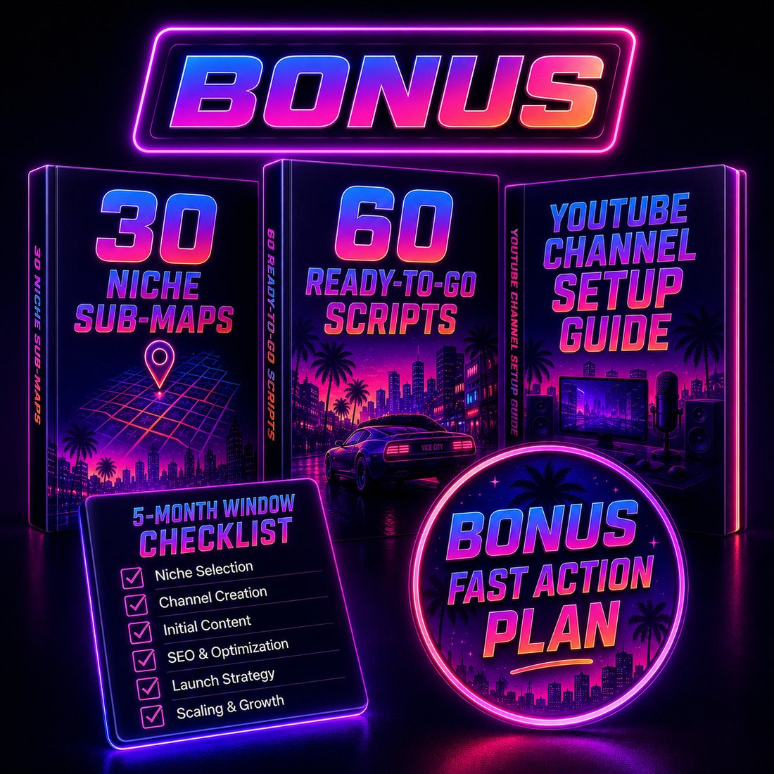 The VI MAYHEM bonus stack: 30 niche sub-maps, 60 ready scripts, channel setup guide, launch window checklist and fast action plan
