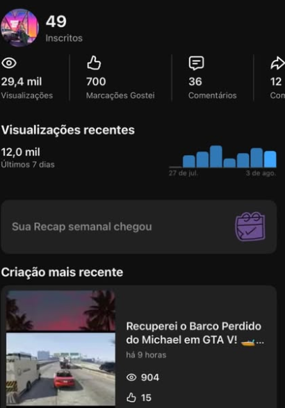YouTube analytics showing 49 subscribers, 29,400 views, 700 likes and a recent GTA video with 904 views